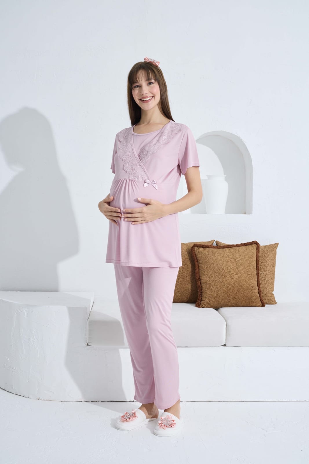 Pyjama grossesse et allaitement manches courtes rose poudré - Allobebe Maroc