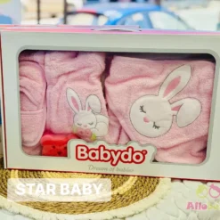 Sortie de Bain Bébé 5 Pièces avec Peignoir à Capuche rose + Accessoires – Babydo
