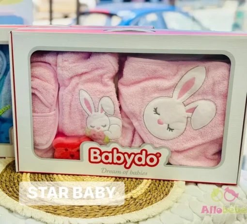 Sortie de Bain Bébé 5 Pièces avec Peignoir à Capuche rose + Accessoires – Babydo