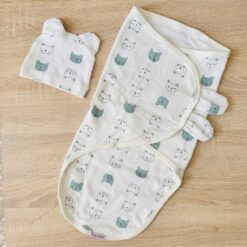 Couverture émmaillotage doux coton + Bonnet - Bebekevi - blanc/vert