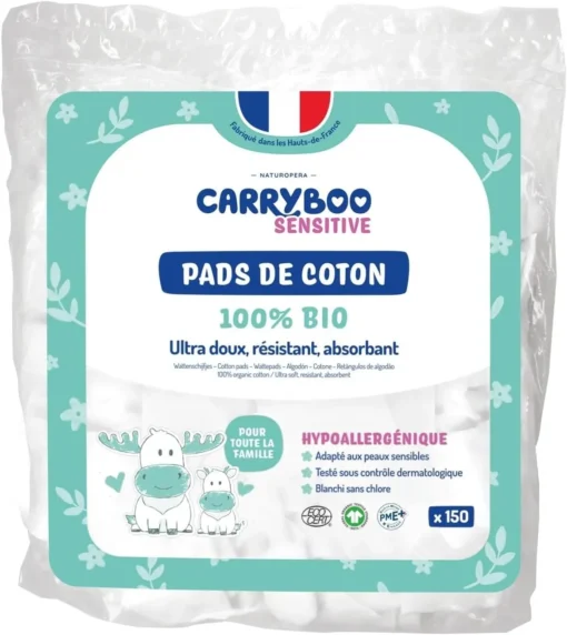 Carryboo - 150 Pads de Coton 100% BIO - Résistants, Ultra-doux et Absorbants - Hypoallergénique
