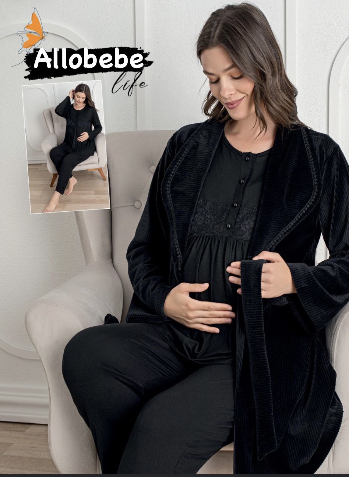 Pyjama grossesse et allaitement avec peignoir noire - Allobebe Maroc