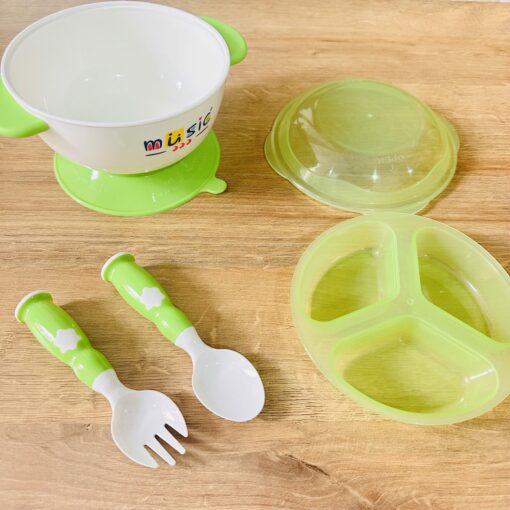 Bol vert à ventouse +cuillère et fourchette d'apprentissage