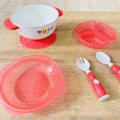 Bol Rose à ventouse +cuillère et fourchette d'apprentissage