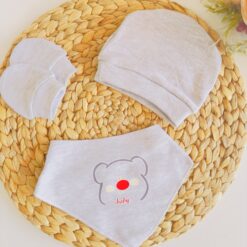 Ensemble bonnet, moufles et bavoir coton pur