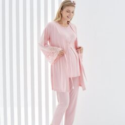 Pyjama dentelle 3 Pièces grossesse et allaitement Ultra Doux : Saumon Clair