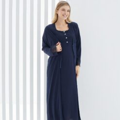 Pyjama robe dentelle grossesse Allaitement 2pcs : Bleu-Marine