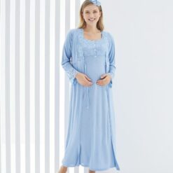 Pyjama robe dentelle grossesse Allaitement 2pcs : Bleu-ciel