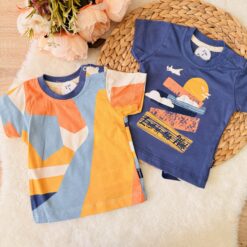 Lot de 2 t-shirts bébé assortis pur coton pour Été indigo