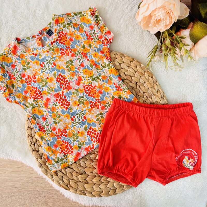Ensemble été Bébé Fille 3 Pièces - Haut Citron, Short Bleu & Chapeau - 6/12 à 23 Mois