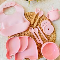 Set repas bébé en silicone rose