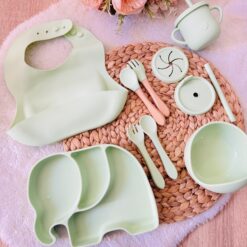Set repas bébé en silicone vert eau