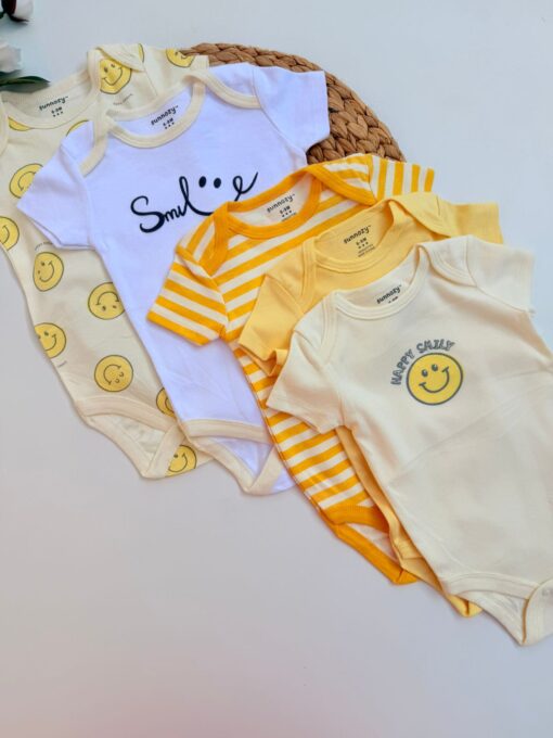 Pack 5 Bodies Bébé Coton : Motifs Mignons & Coloris smiley