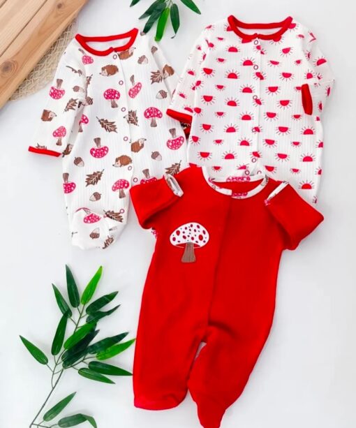 Lot de 3 Grenouillères Bébé Assorties en Coton – soleil champignon