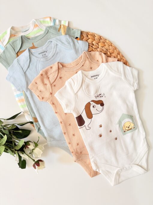 Pack 5 Bodies Bébé Coton : Motifs chien follow-me variés