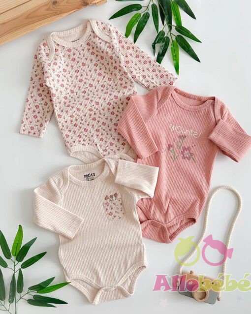 Trio de Bodies Bébé Fille Fleuri & Rayé – Coton Pur
