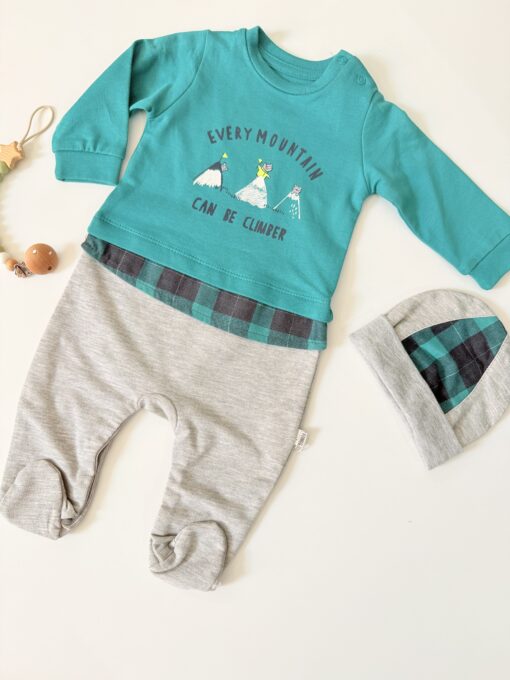 Grenouillère Bébé Motif Mountain avec Bonnet Assorti