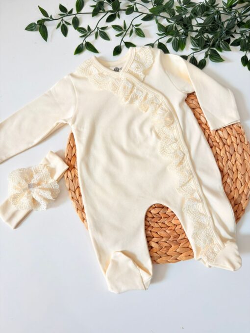 Grenouillère dentelle & Bandeau Offert - Coton Organique
